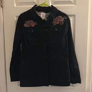 Black Denim Jacket with Floral Detail - S - BNWT